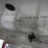 Photo of inspirational writings on the ceiling of God's Chuck Wagon mobile soup kitchen