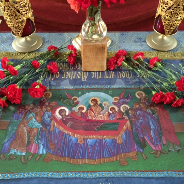 Photo of flowers and Dormition icon