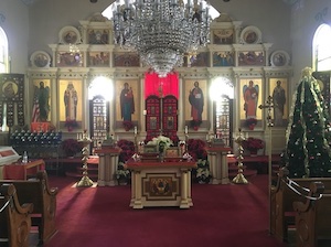 Photos of the altar, with poinsettias spaced across the front of the altar and on the three steps. There's also a decorated tree to the right.