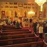 Photo from the choir loft showing parishoners in a line to receive Holy Communion during the Pascha service