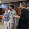 Photo of the parish president speaking with Fr. Vjekoslav and Fr. Joseph Ramishvili.