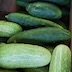 A rectangular, cardboard box of cucumbers and a smaller, square box of zucchini and green bell peppers are on the back seat of a car with tan, leather upholstery.