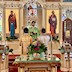 Fr. Aleksey, holding the Holy Gifts, stands in front of the entrance to the Royal Doors, while facing the congregation. He's wearing a green vestment with gold trim, and there are two altar servers standing in front of him, facing him. The server on the left is wearing a gold vestment, and the server on the right is wearing a white vestment. The center table appears in the lower center of the photo, in front of the two servers who have their backs facing both the table and the viewer. Ticonostas is shown in the background, behind the priest and servers.