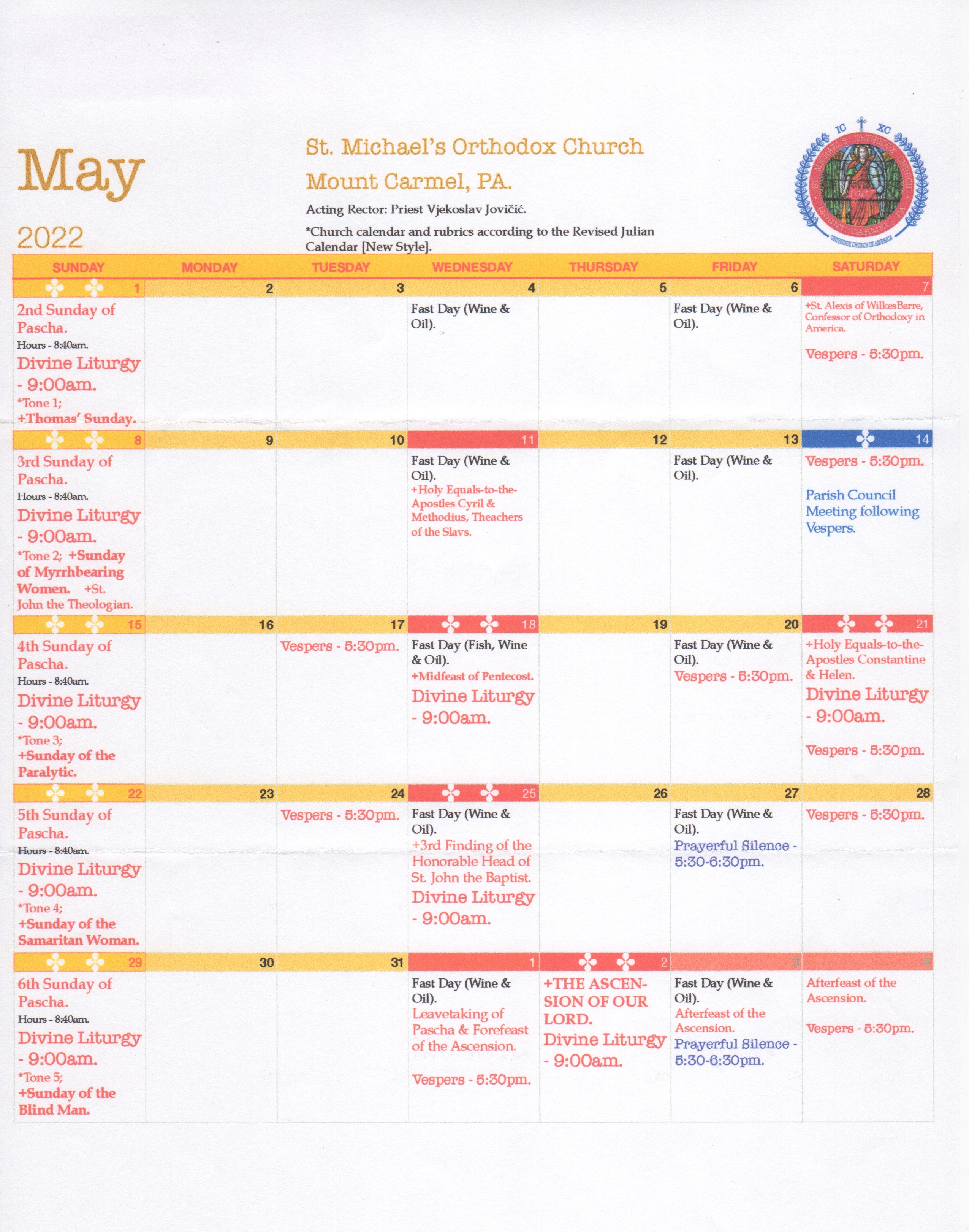 Calendar of services
